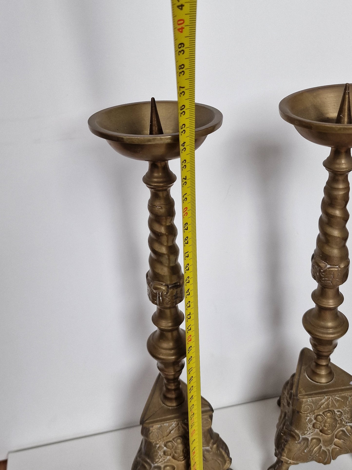 Antique Brass Candlestick Set, 19th Century Lion Footed Church Altar Decor