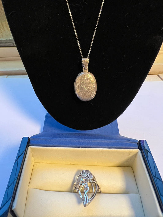 Sterling Silver Floral Locket & Art Nouveau Ring Set, Antique Jewelry