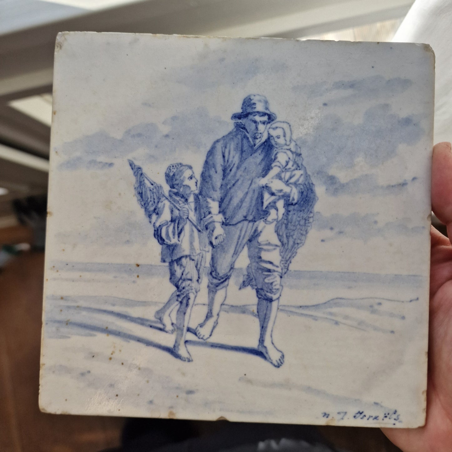Rare Royal Delft Hand-Painted Tile, Israels 1881, Antique Pottery