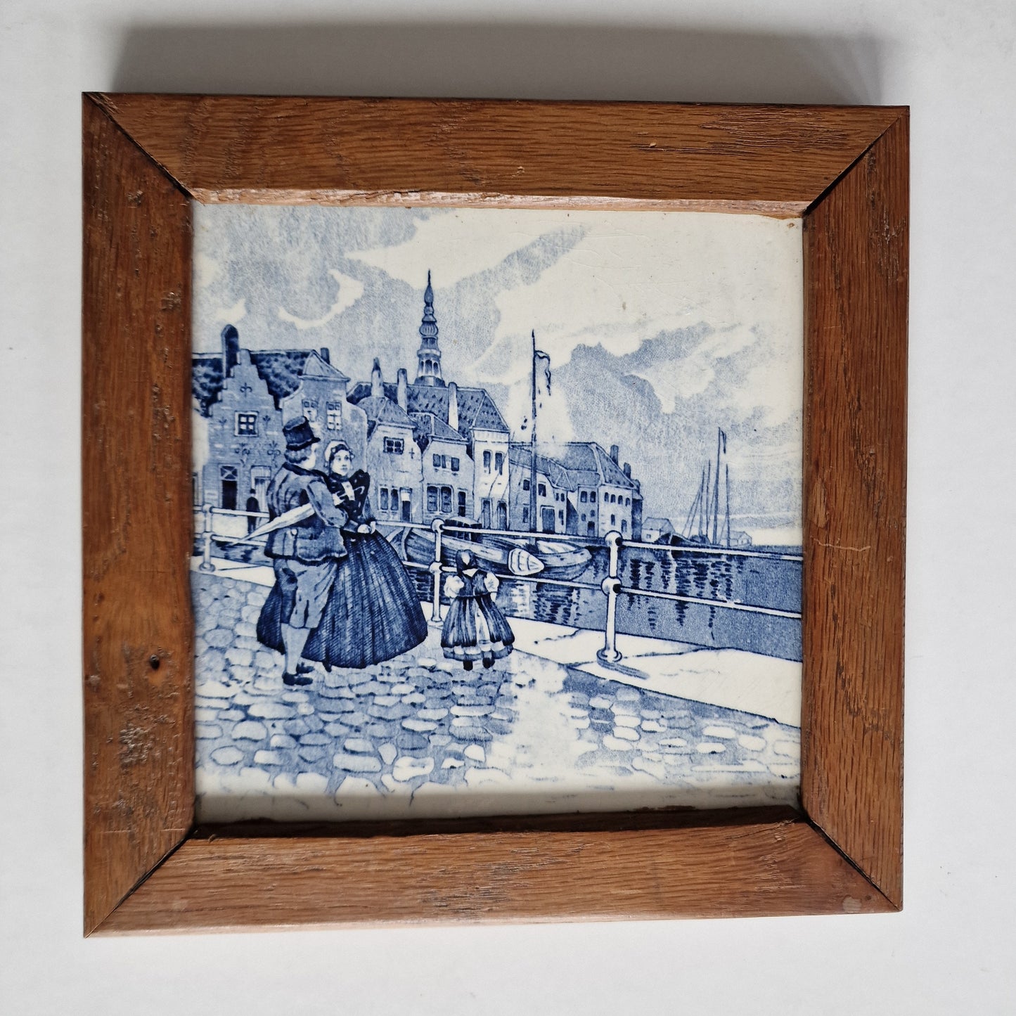 Framed Delft Tile, Dutch City Scene, Art Nouveau Pottery, 1900-1925
