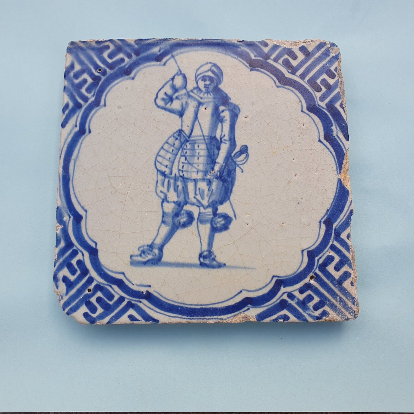 Antique Delft Tile, Dutch Soldier, Wan-li Meander, ca 1625