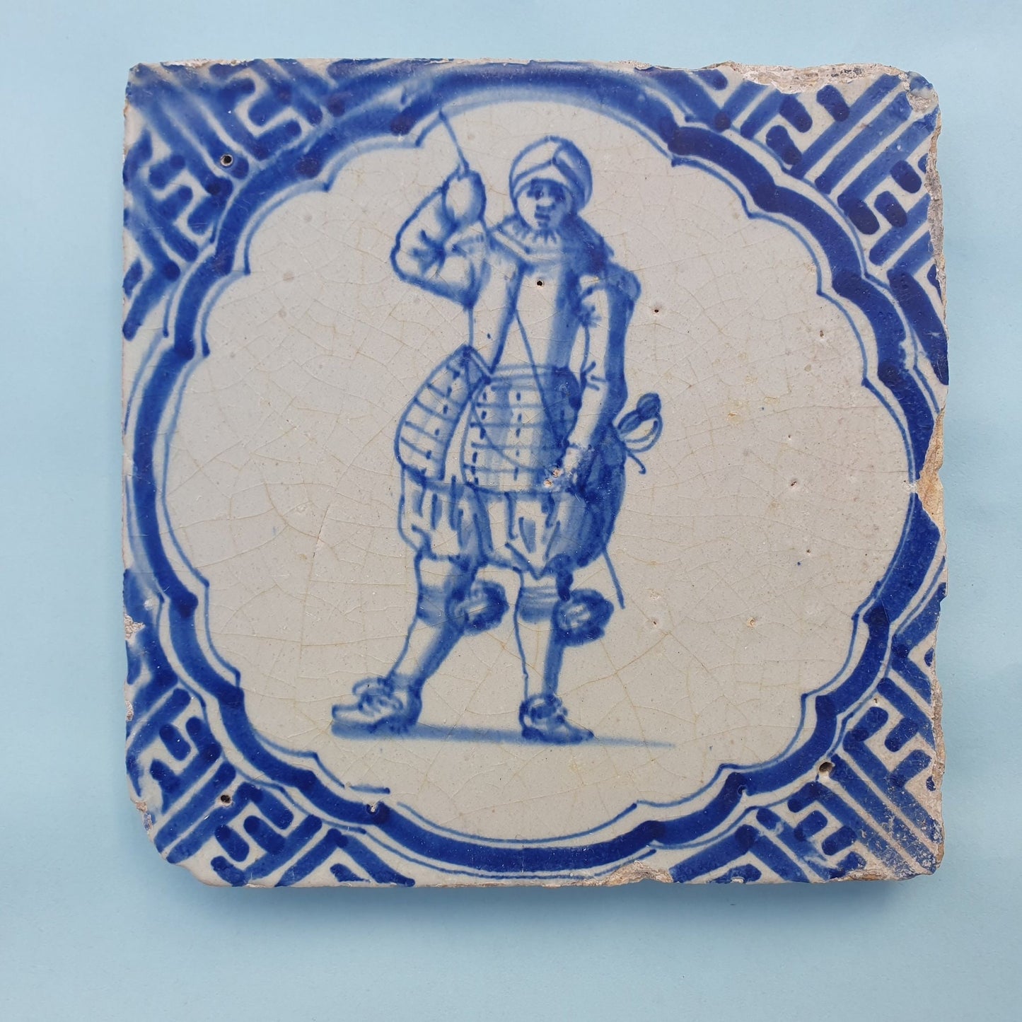 Antique Delft Tile, Dutch Soldier, Wan-li Meander, ca 1625
