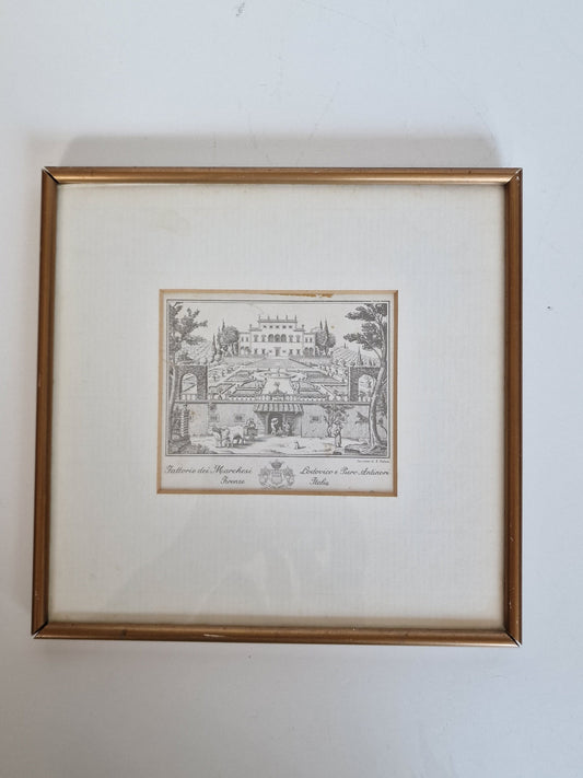 Antieke gravure  Firenze, polloni, ingelijst, krantenknipsel erbij, bijzonder object, tattorie dei marchesie antiques