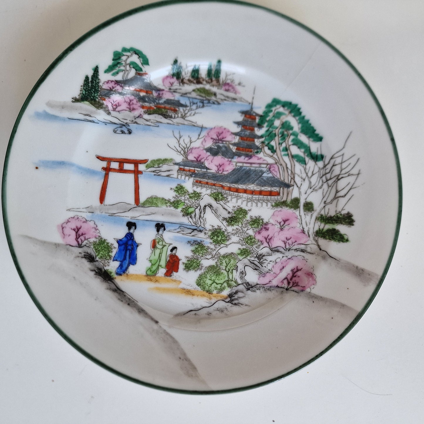 Antique Meiji Japanese Porcelain Plates, Geisha & Landscape Relief, Set of 4