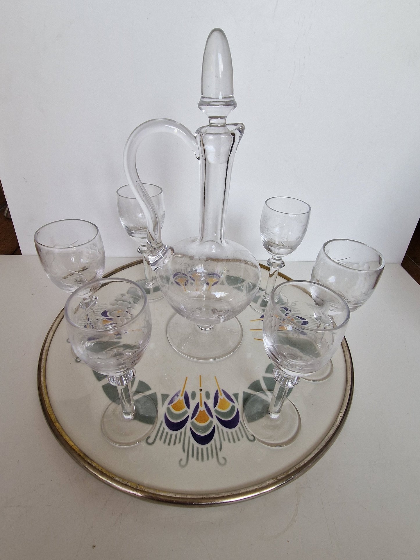 Villeroy & Boch Art Nouveau Decanter Set, Etched Crystal Carafe, Porcelain Tray
