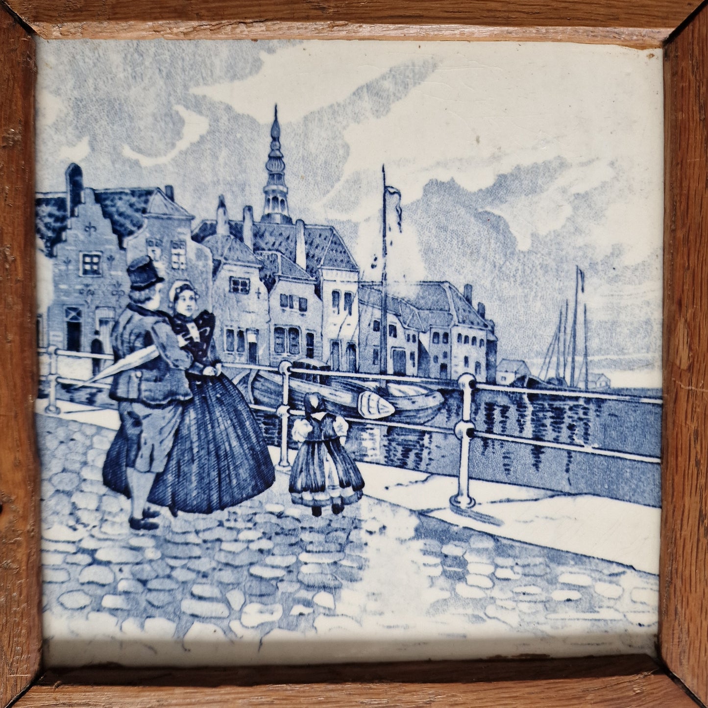 Framed Delft Tile, Dutch City Scene, Art Nouveau Pottery, 1900-1925