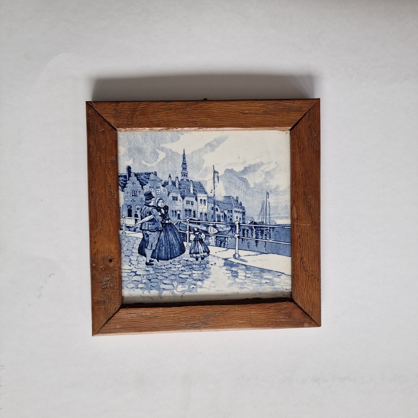 Framed Delft Tile, Dutch City Scene, Art Nouveau Pottery, 1900-1925