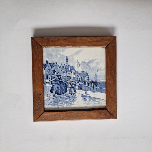 Framed Delft Tile, Dutch City Scene, Art Nouveau Pottery, 1900-1925