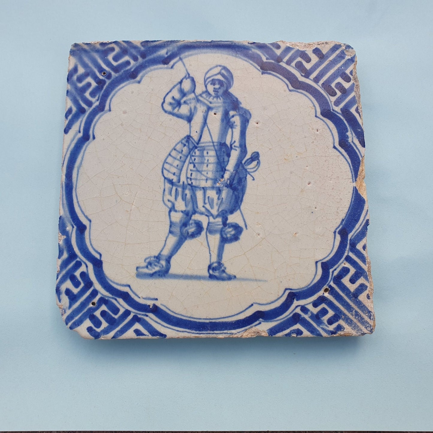 Antique Delft Tile, Dutch Soldier, Wan-li Meander, ca 1625