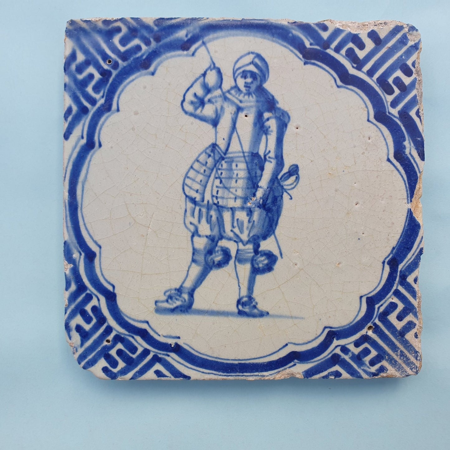 Antique Delft Tile, Dutch Soldier, Wan-li Meander, ca 1625