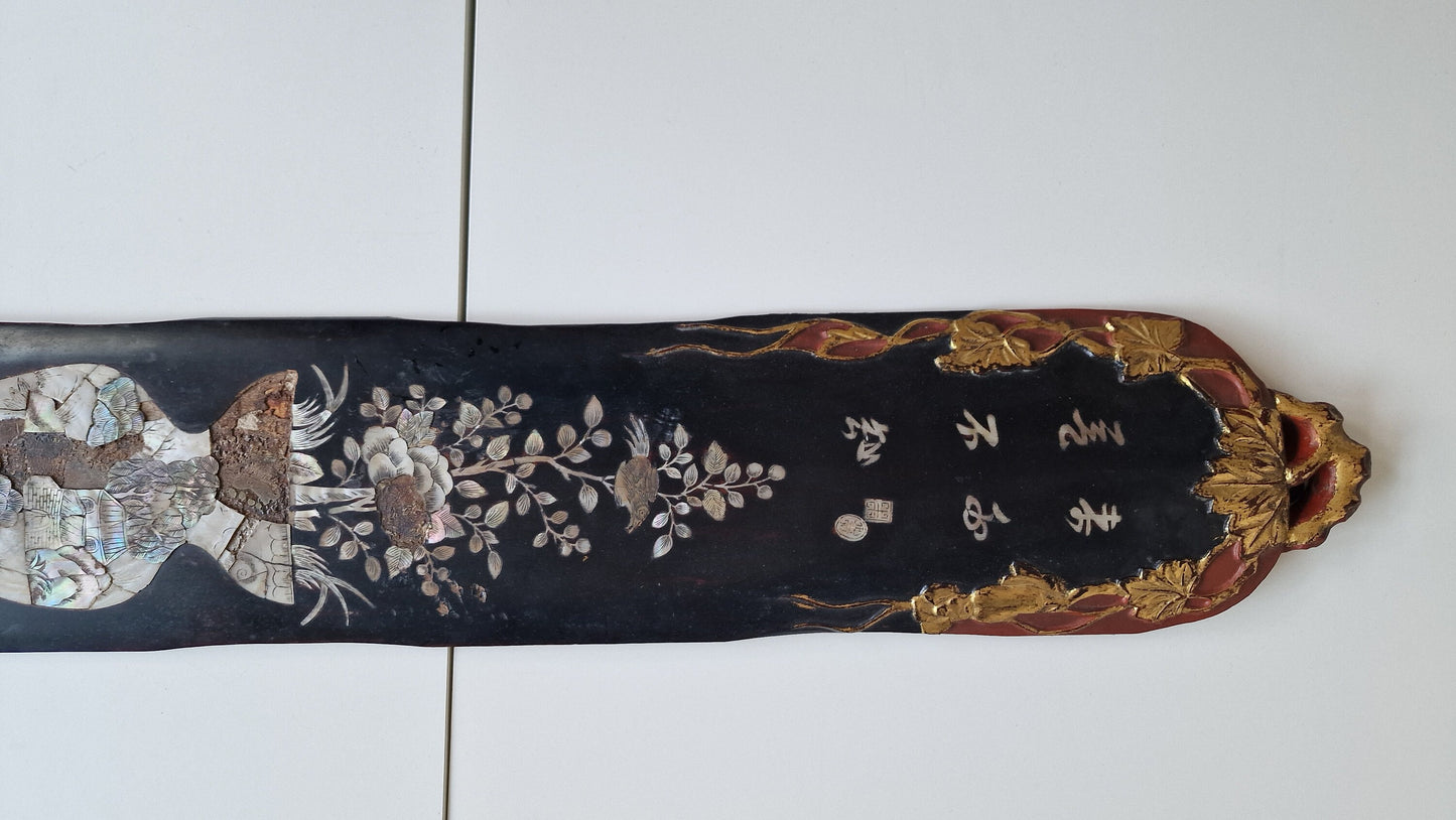 Antique Chinese Lacquer Wall Panel – Handcarved Mother of Pearl, ca 1910