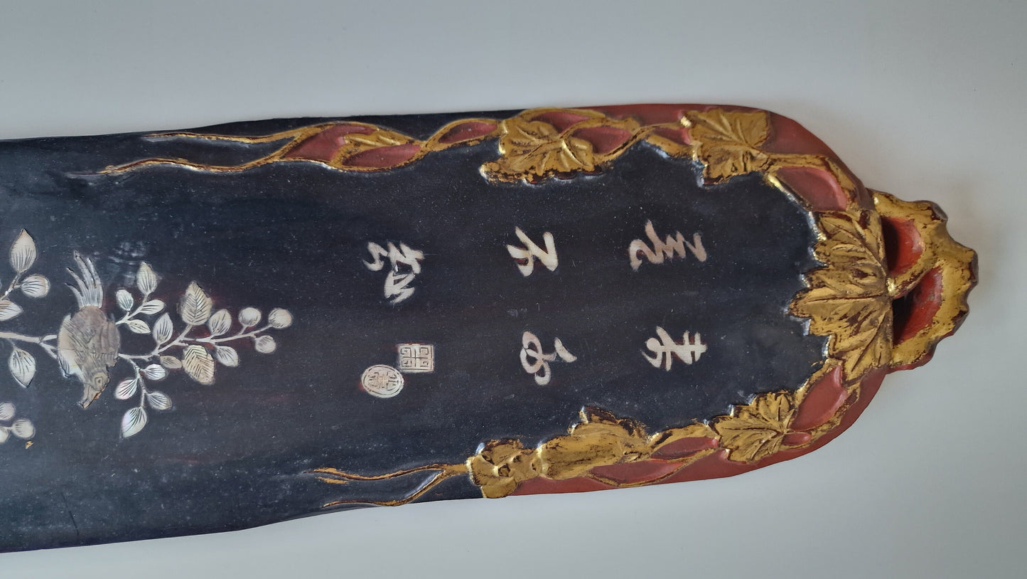 Antique Chinese Lacquer Wall Panel – Handcarved Mother of Pearl, ca 1910