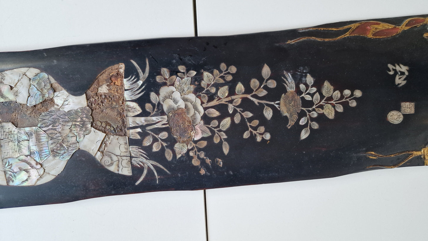 Antique Chinese Lacquer Wall Panel – Handcarved Mother of Pearl, ca 1910