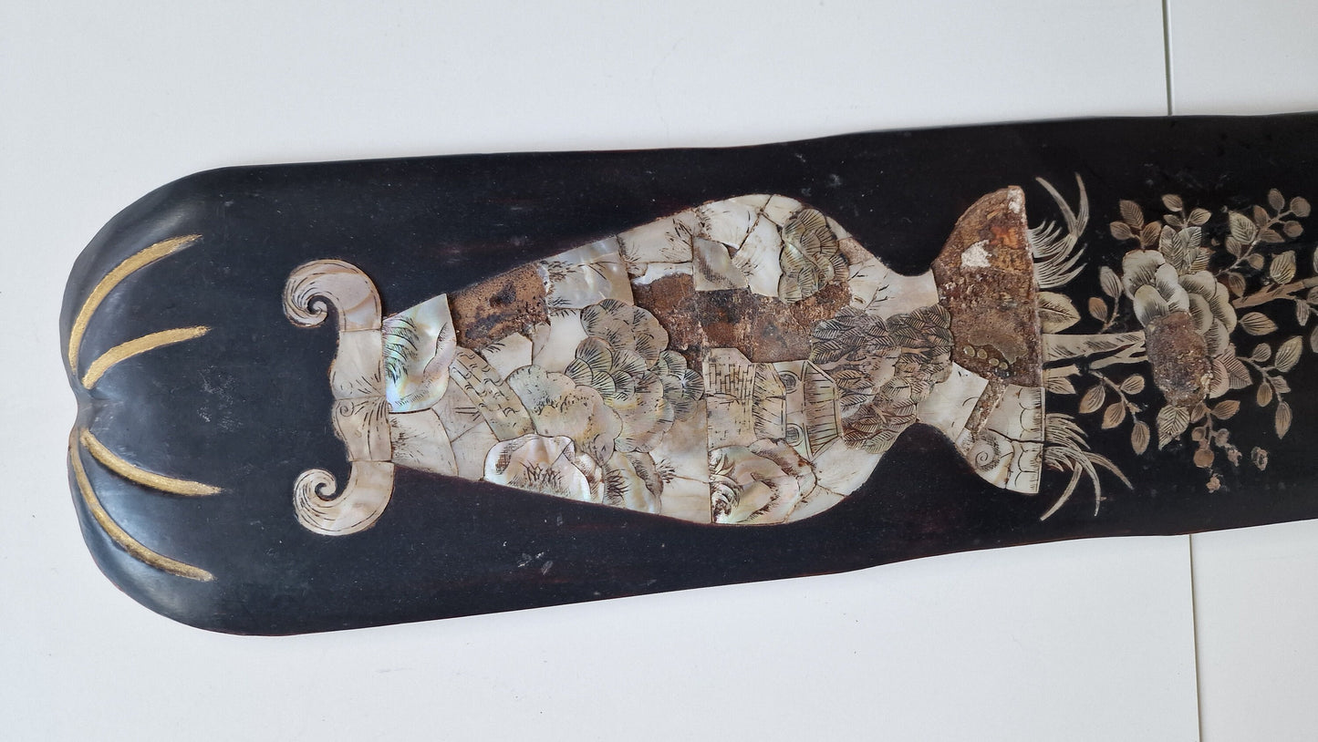 Antique Chinese Lacquer Wall Panel – Handcarved Mother of Pearl, ca 1910