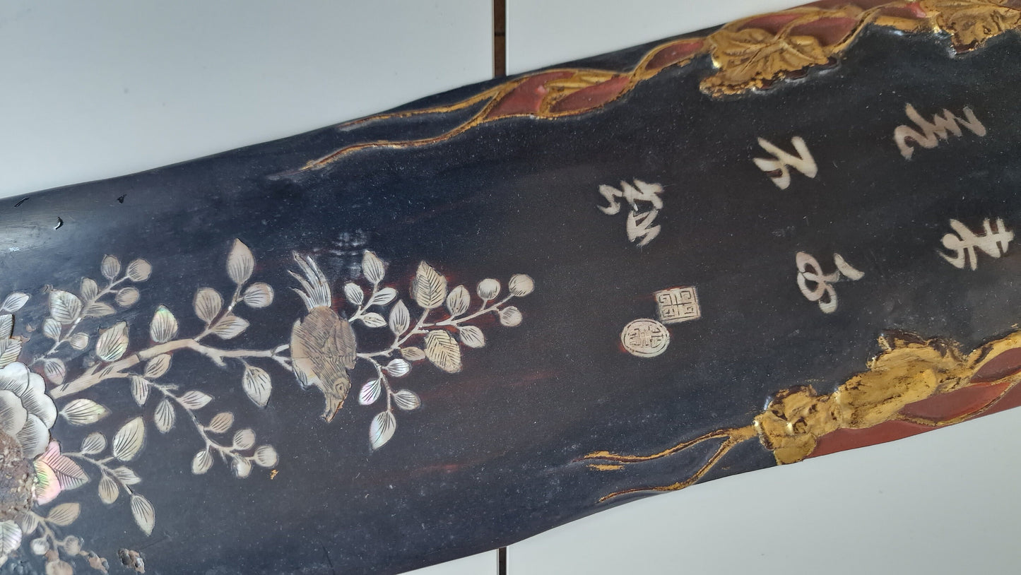 Antique Chinese Lacquer Wall Panel – Handcarved Mother of Pearl, ca 1910