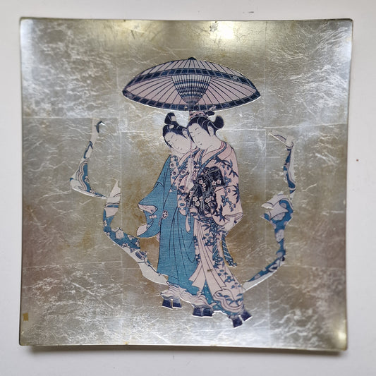 Vintage Carole Stupell Asian Glass Plate, Signed Art Charger (30x30)