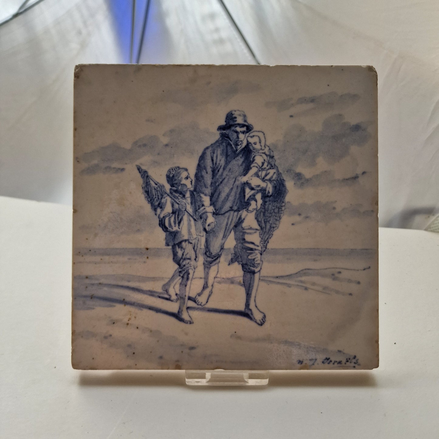 Rare Royal Delft Hand-Painted Tile, Israels 1881, Antique Pottery
