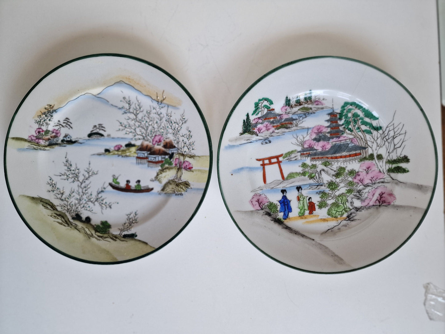 Antique Meiji Japanese Porcelain Plates, Geisha & Landscape Relief, Set of 4