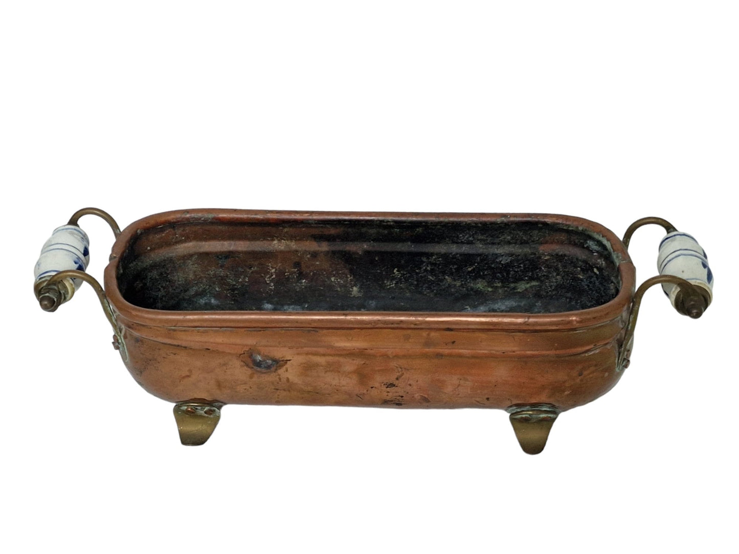Antique Copper Jardiniere Set, Delft Porcelain Handles, Dutch Planter