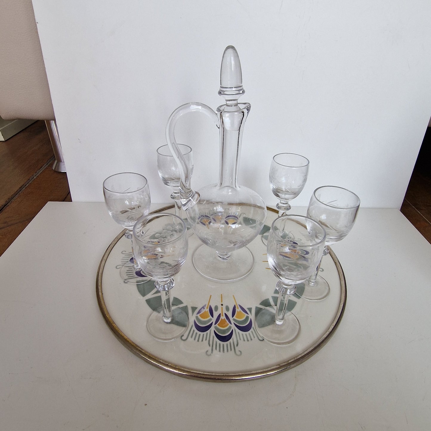Villeroy & Boch Art Nouveau Decanter Set, Etched Crystal Carafe, Porcelain Tray