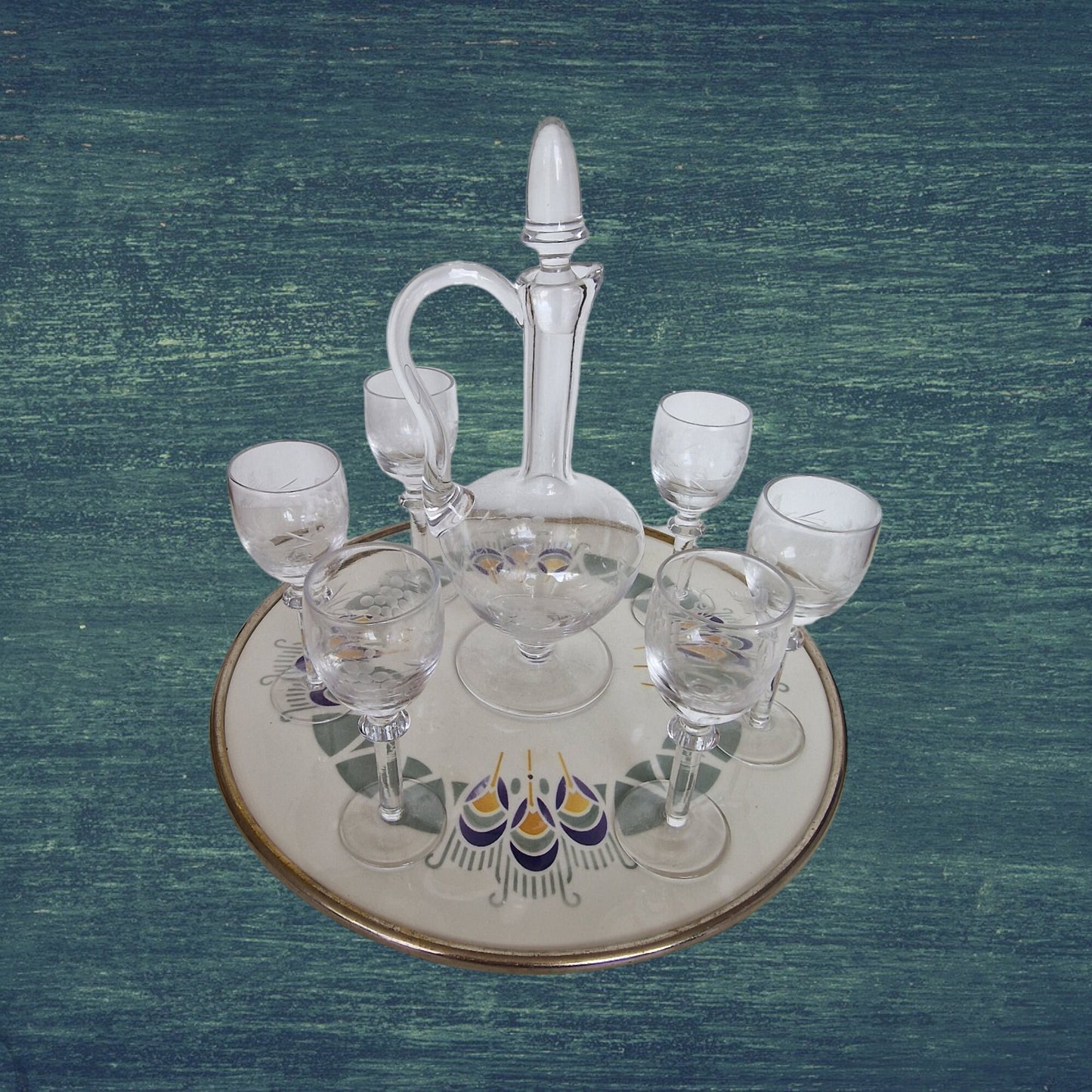 Villeroy & Boch Art Nouveau Decanter Set, Etched Crystal Carafe, Porcelain Tray