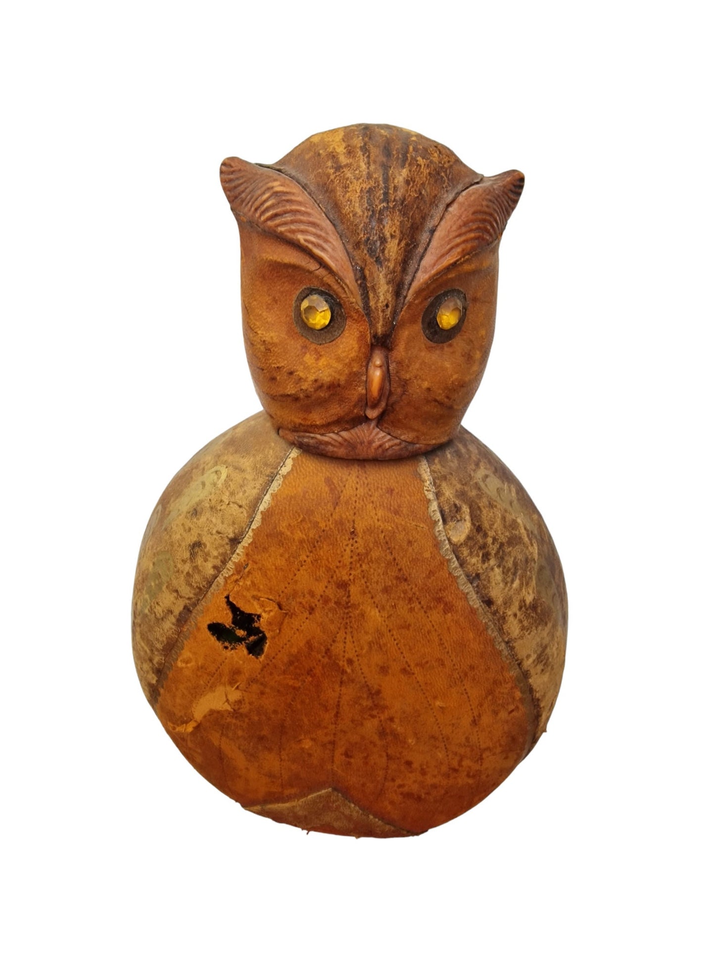 Mid-Century Italian Leather Owl Decanter - Gold Accents, Rhinestone Eyes