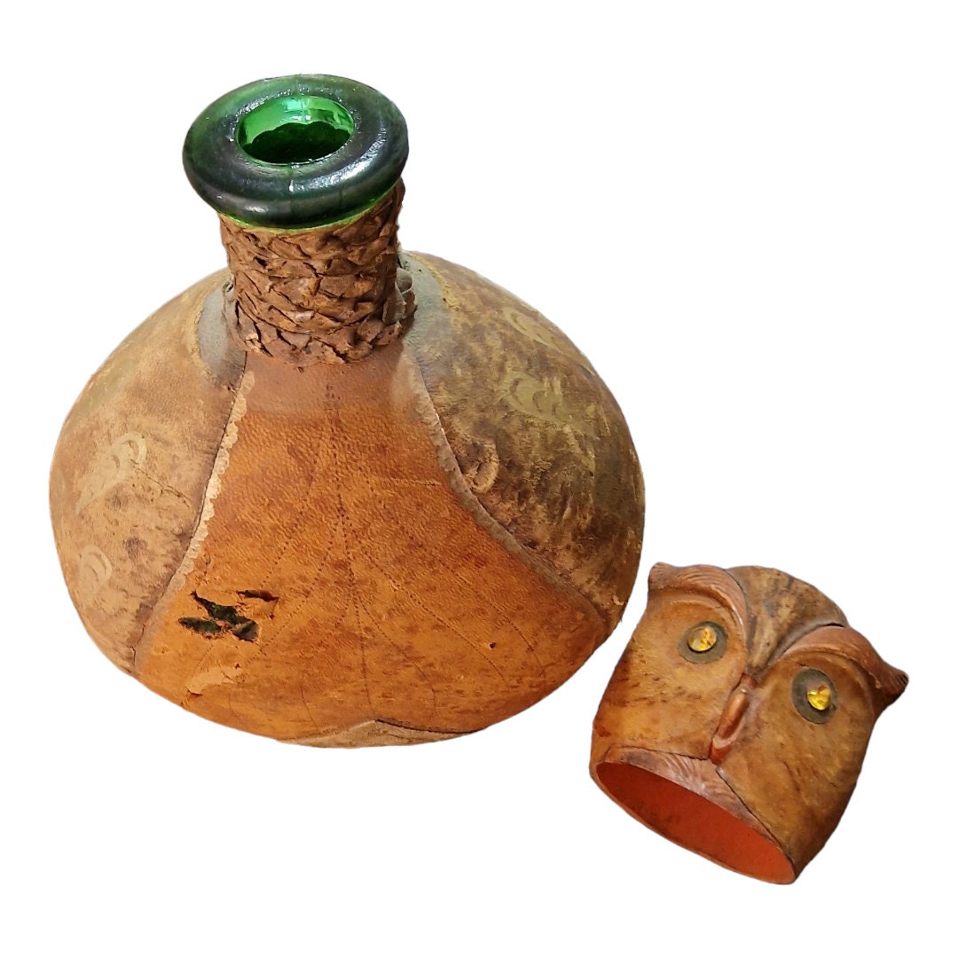 Mid-Century Italian Leather Owl Decanter - Gold Accents, Rhinestone Eyes