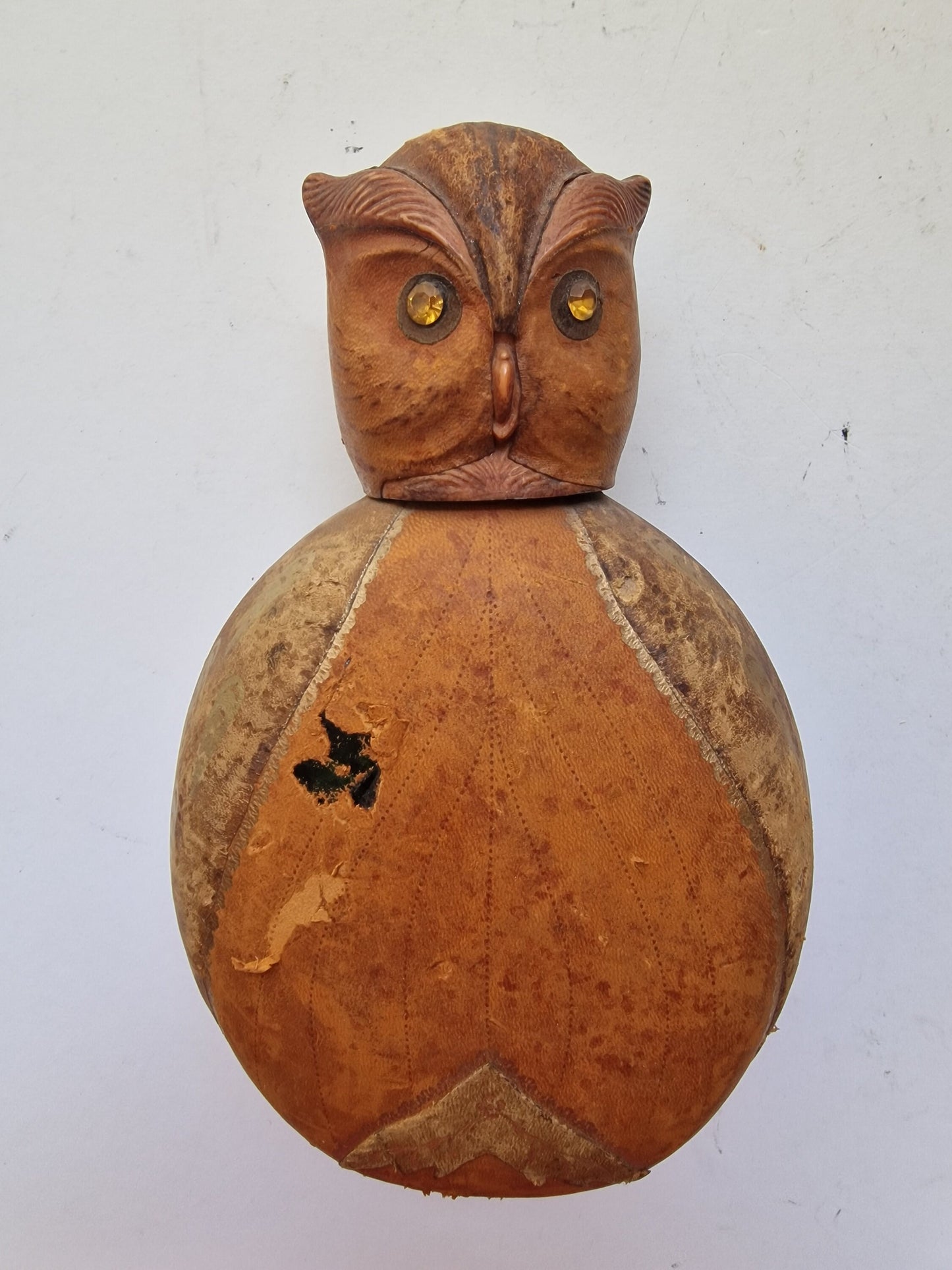 Mid-Century Italian Leather Owl Decanter - Gold Accents, Rhinestone Eyes