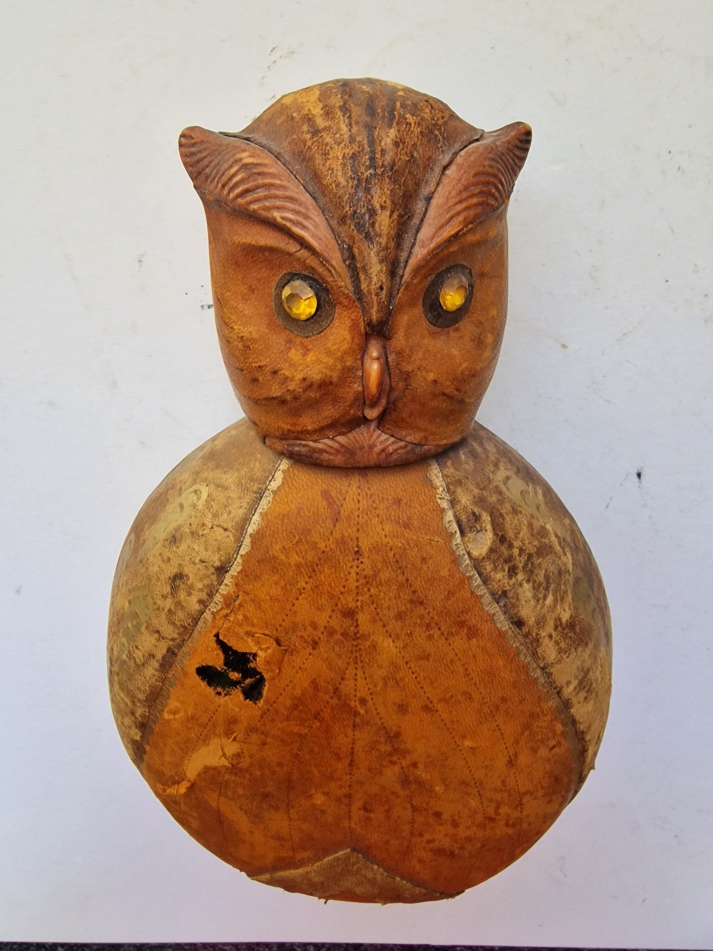 Mid-Century Italian Leather Owl Decanter - Gold Accents, Rhinestone Eyes