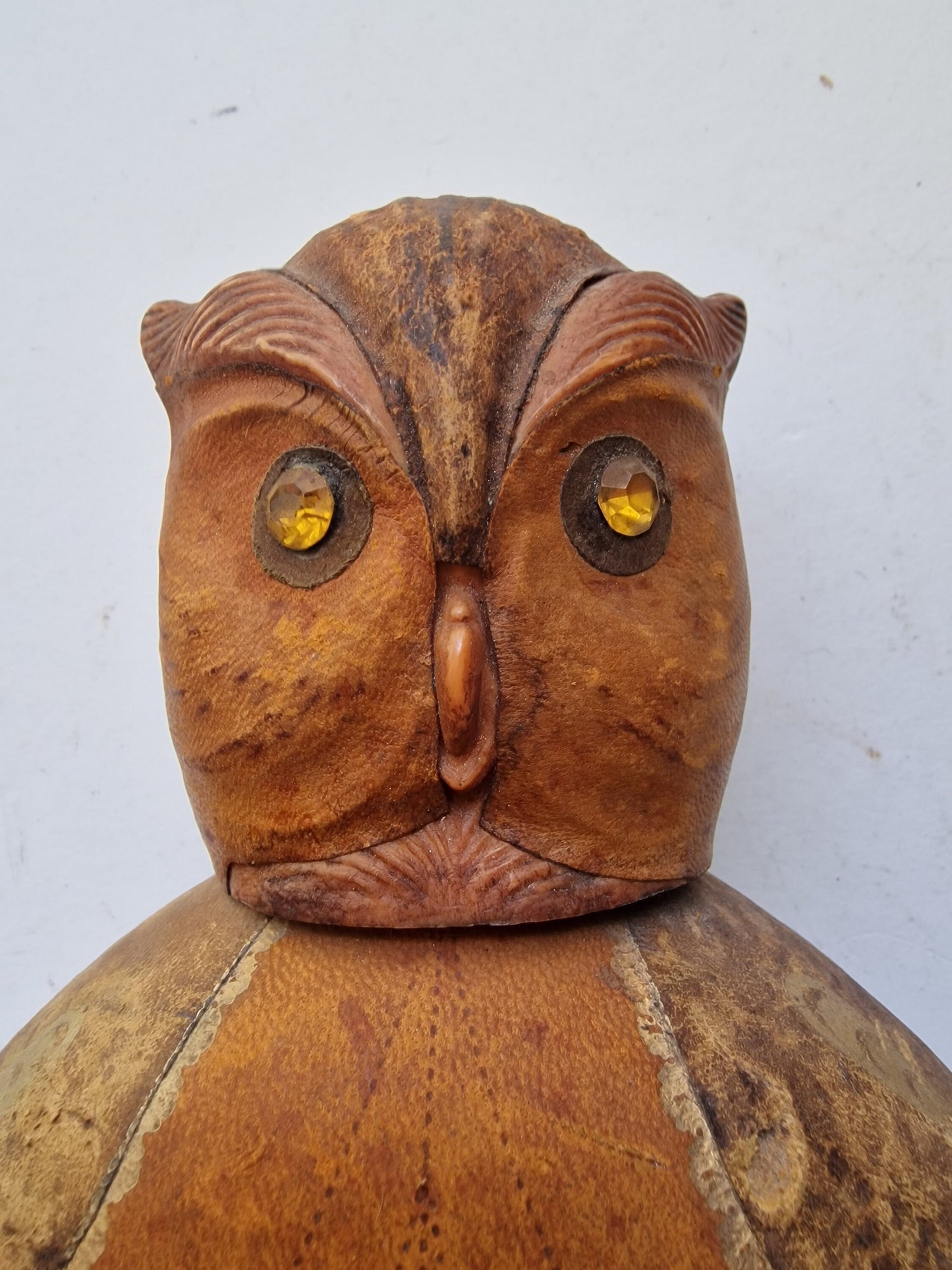 Mid-Century Italian Leather Owl Decanter - Gold Accents, Rhinestone Eyes