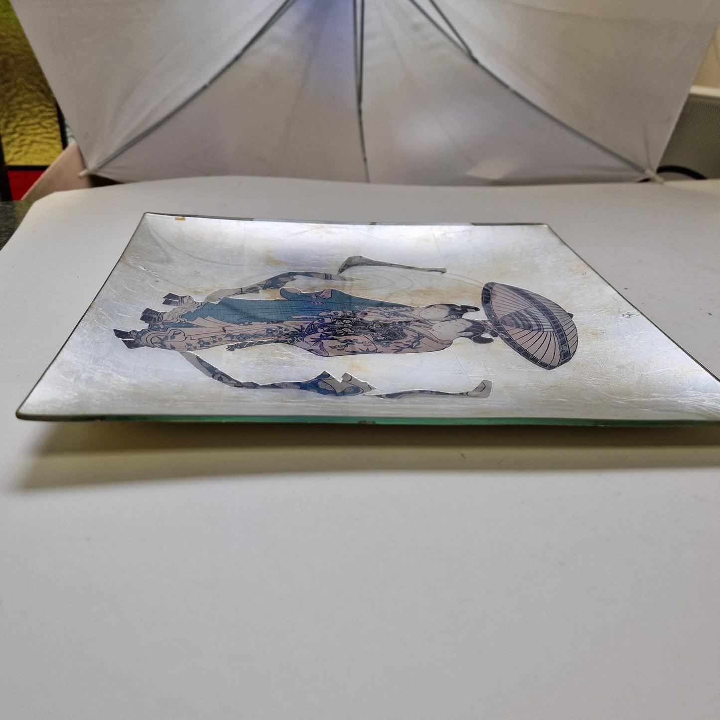 Vintage sake kutani plus Carole Stupell Signed Asian Glass Plate Charger with Sake Set