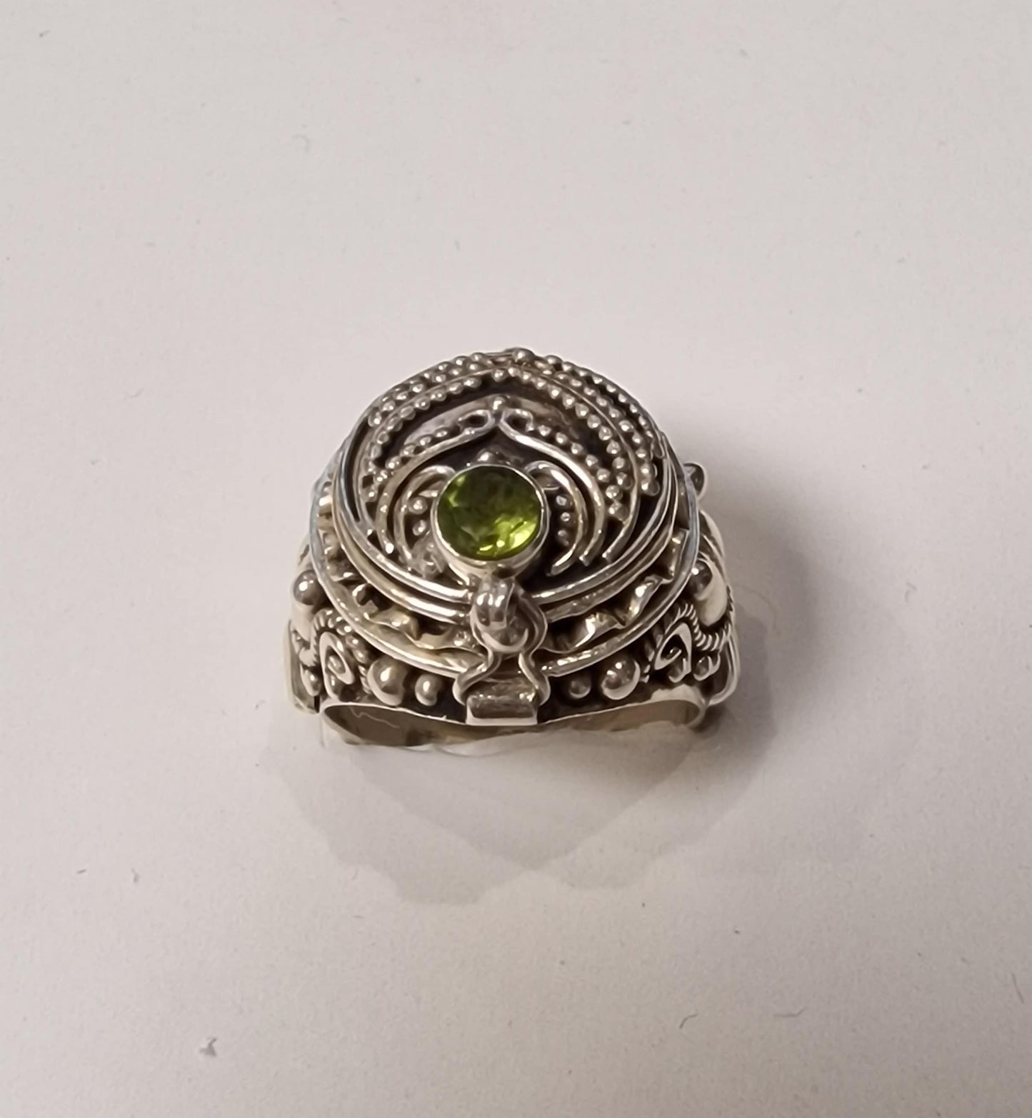 Sterling Silver Peridot Signet Ring, Secret Compartment, US 7.25