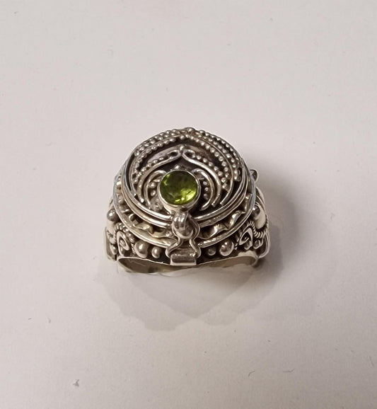 Sterling Silver Peridot Signet Ring, Secret Compartment, US 7.25