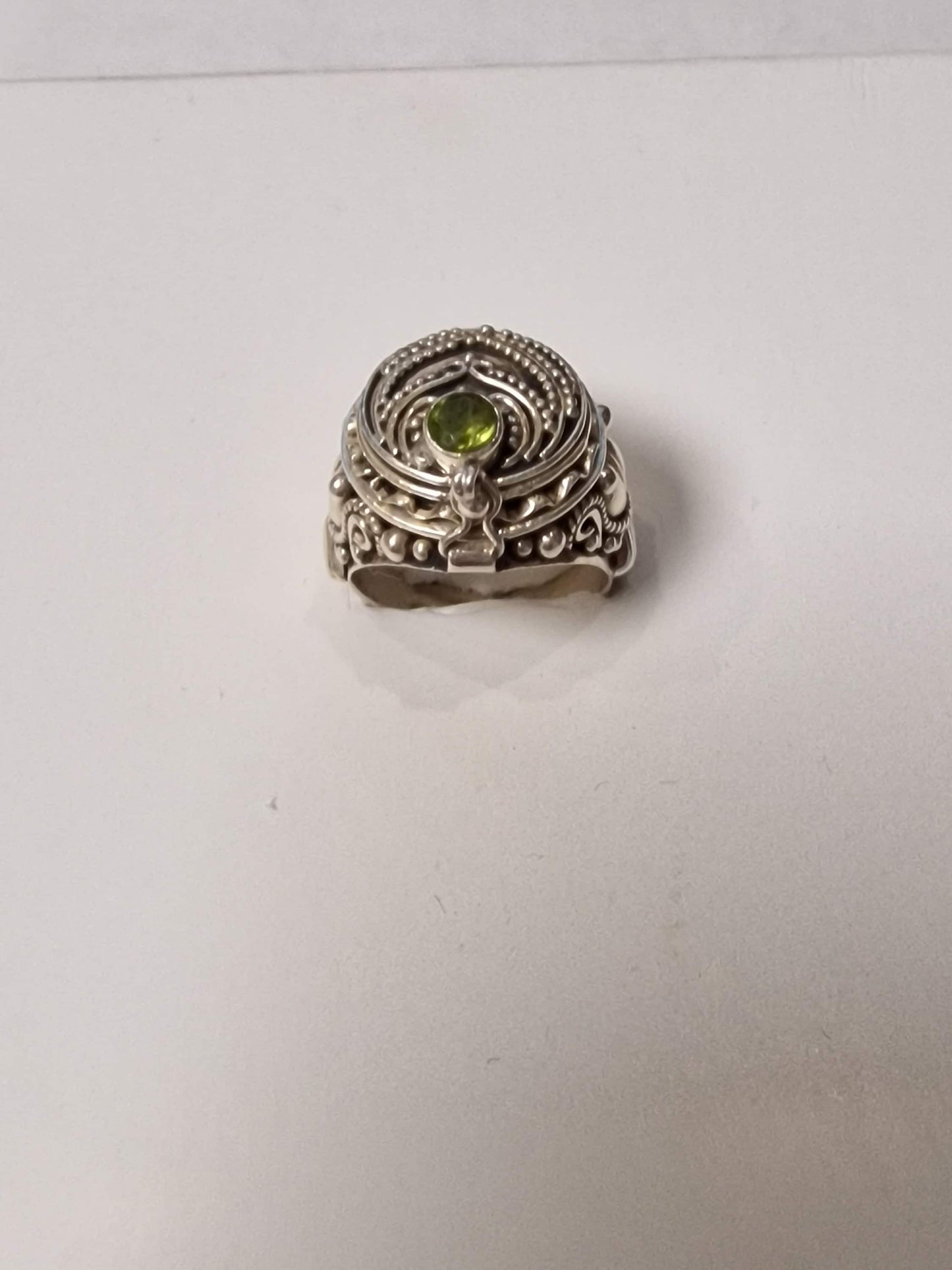 Sterling Silver Peridot Signet Ring, Secret Compartment, US 7.25