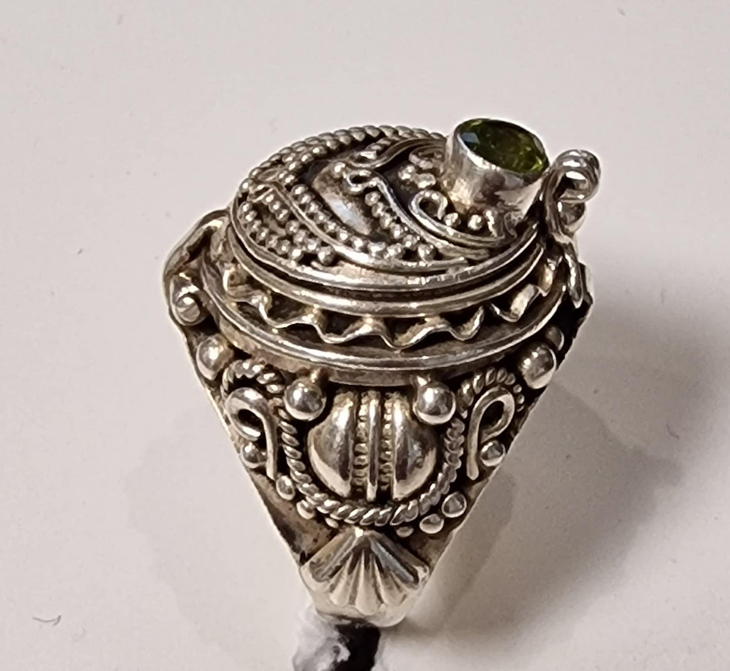 Sterling Silver Peridot Signet Ring, Secret Compartment, US 7.25