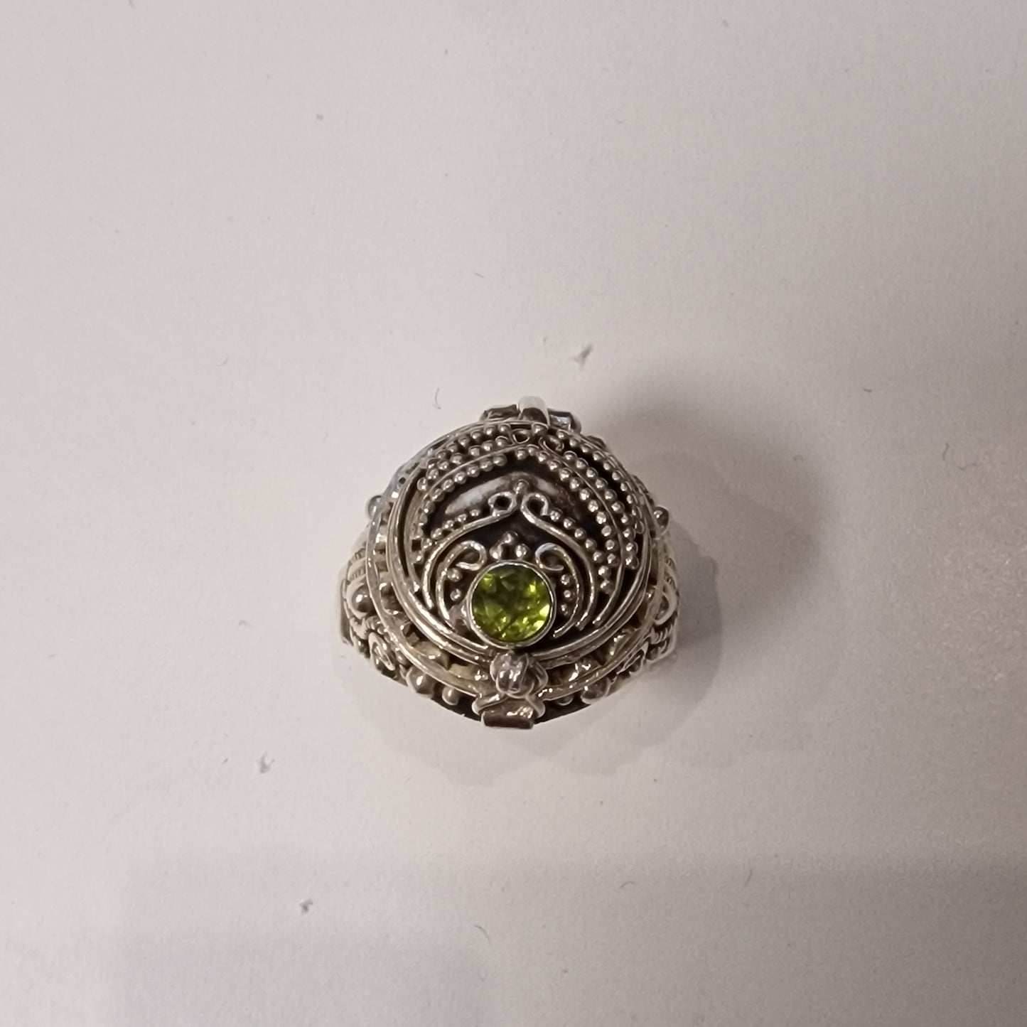 Sterling Silver Peridot Signet Ring, Secret Compartment, US 7.25