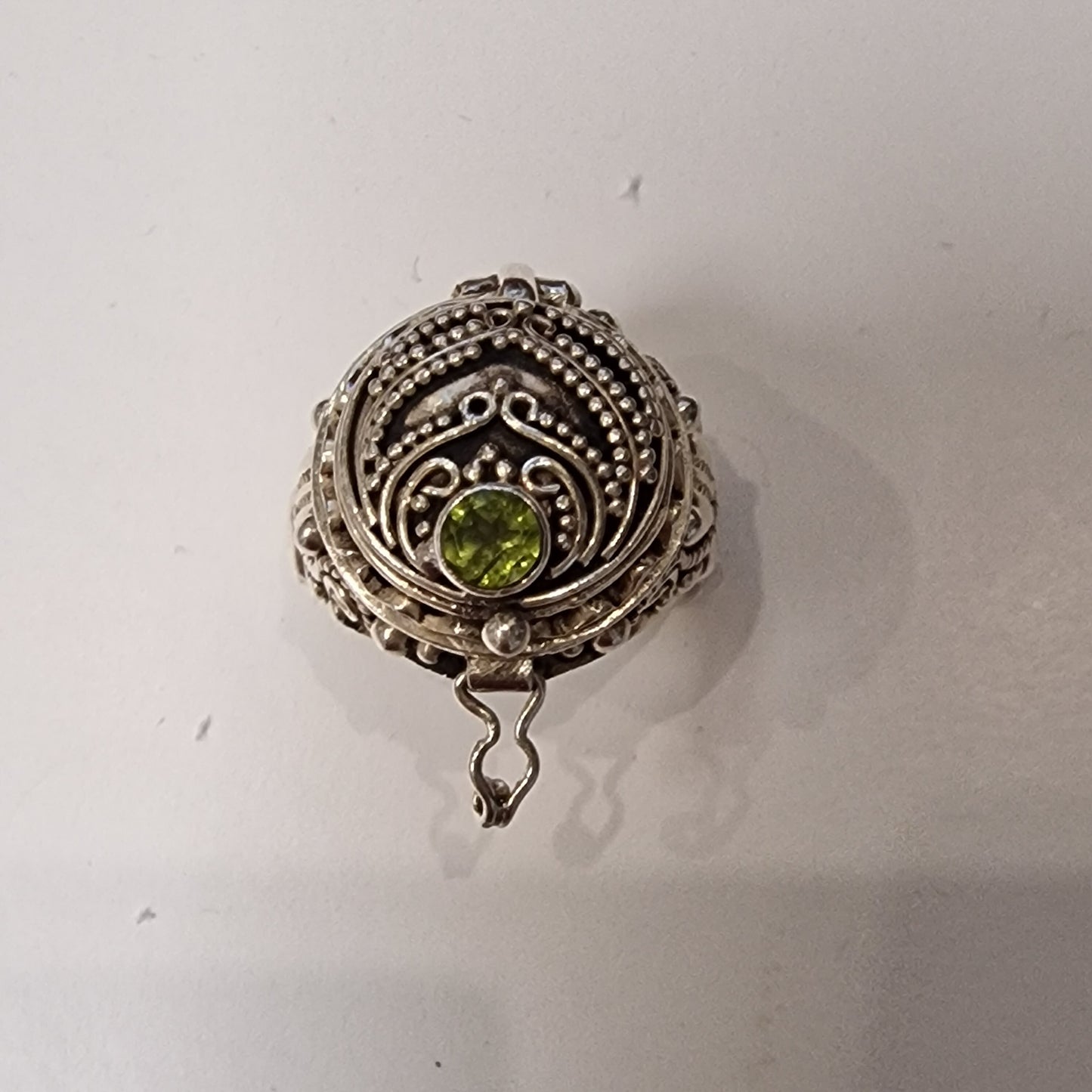 Sterling Silver Peridot Signet Ring, Secret Compartment, US 7.25