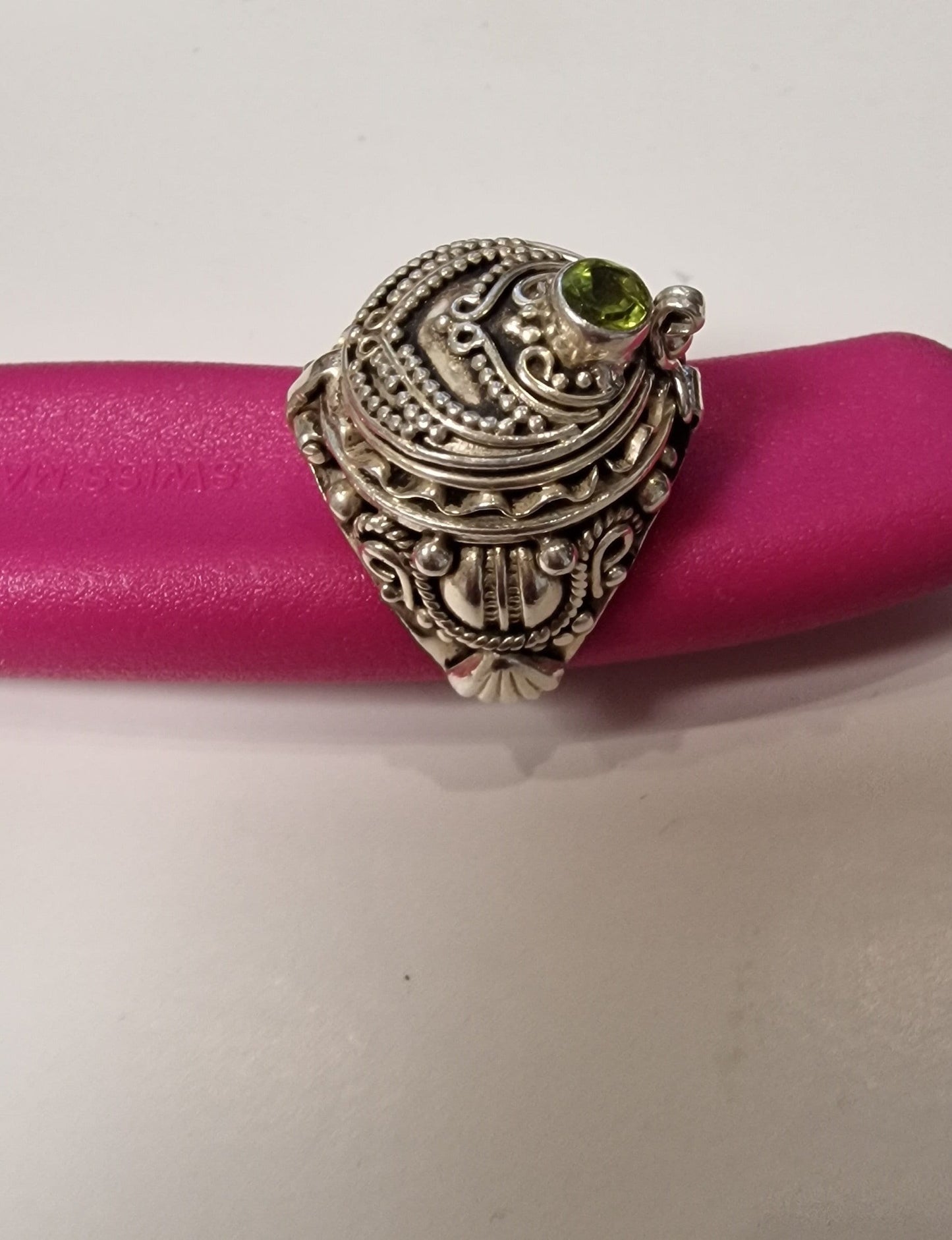 Sterling Silver Peridot Signet Ring, Secret Compartment, US 7.25