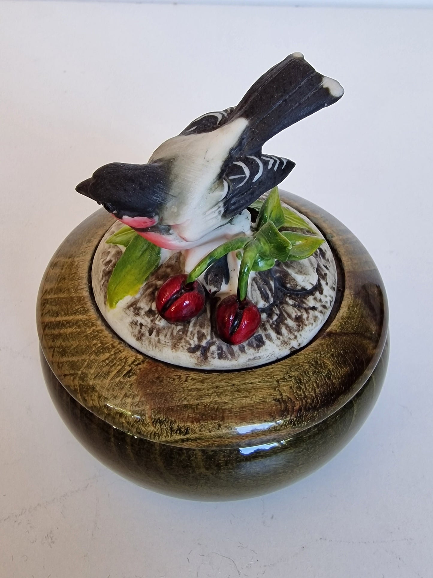 Vintage 'Sommernachtstraum' Music Box, Biscuit Porcelain Bird, Lacquered Wood Trinket Box