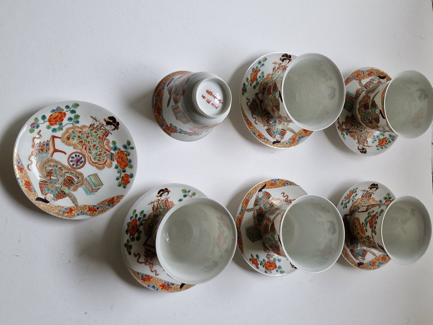 Antique Arita-Zoshuntei Eggshell Porcelain Tea Set, Geisha Design, 19th Century