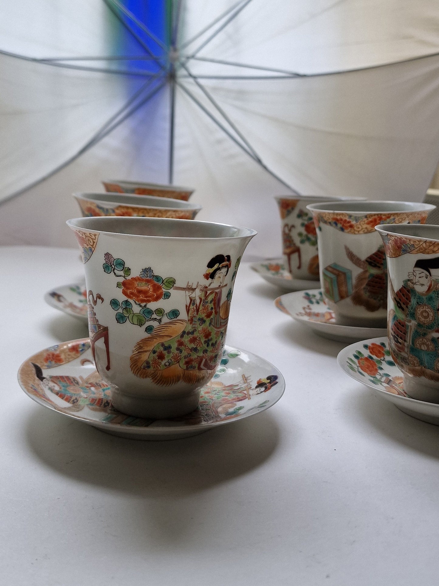 Antique Arita-Zoshuntei Eggshell Porcelain Tea Set, Geisha Design, 19th Century