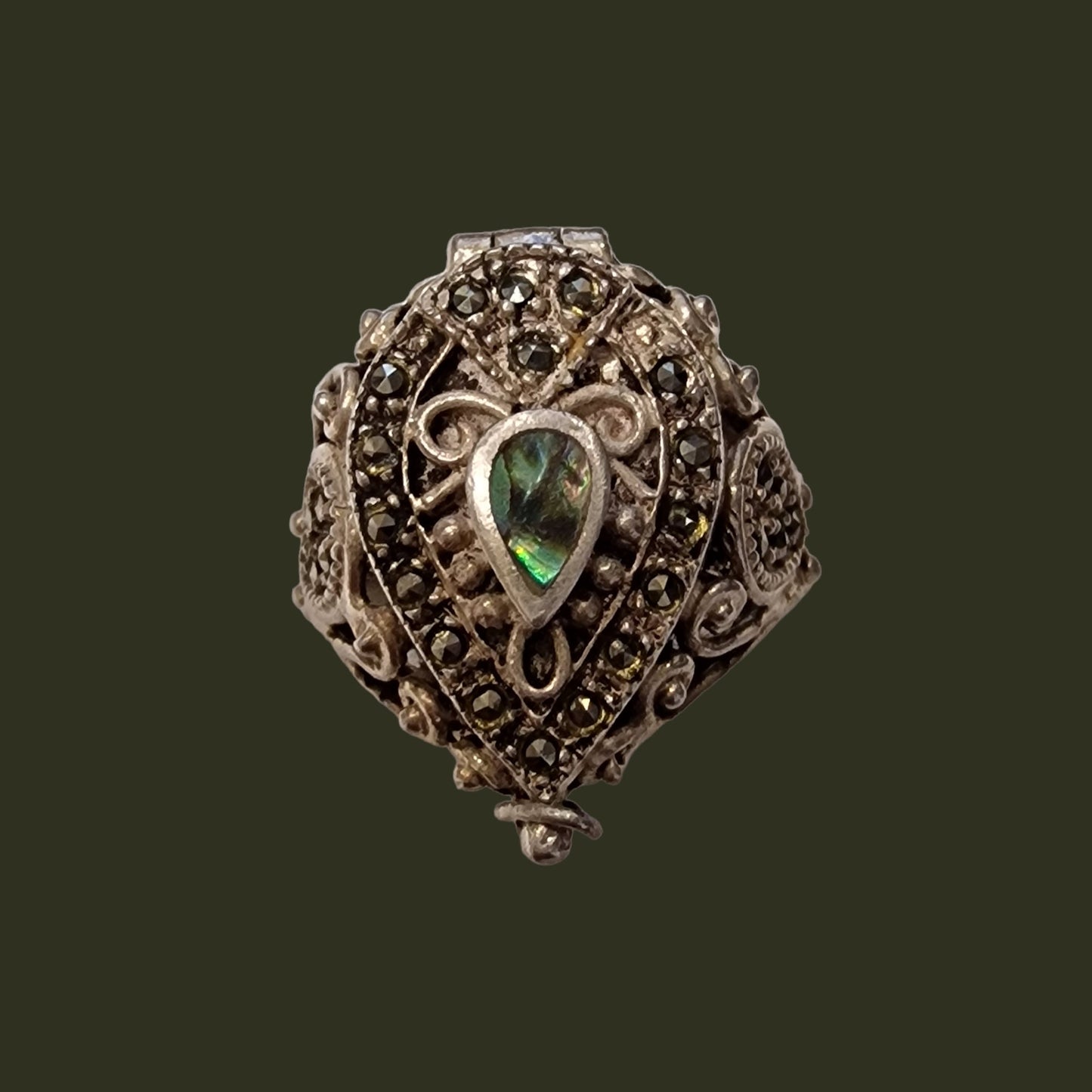 Secret Marcasite Signet Ring, Abalone, 925 Sterling Silver
