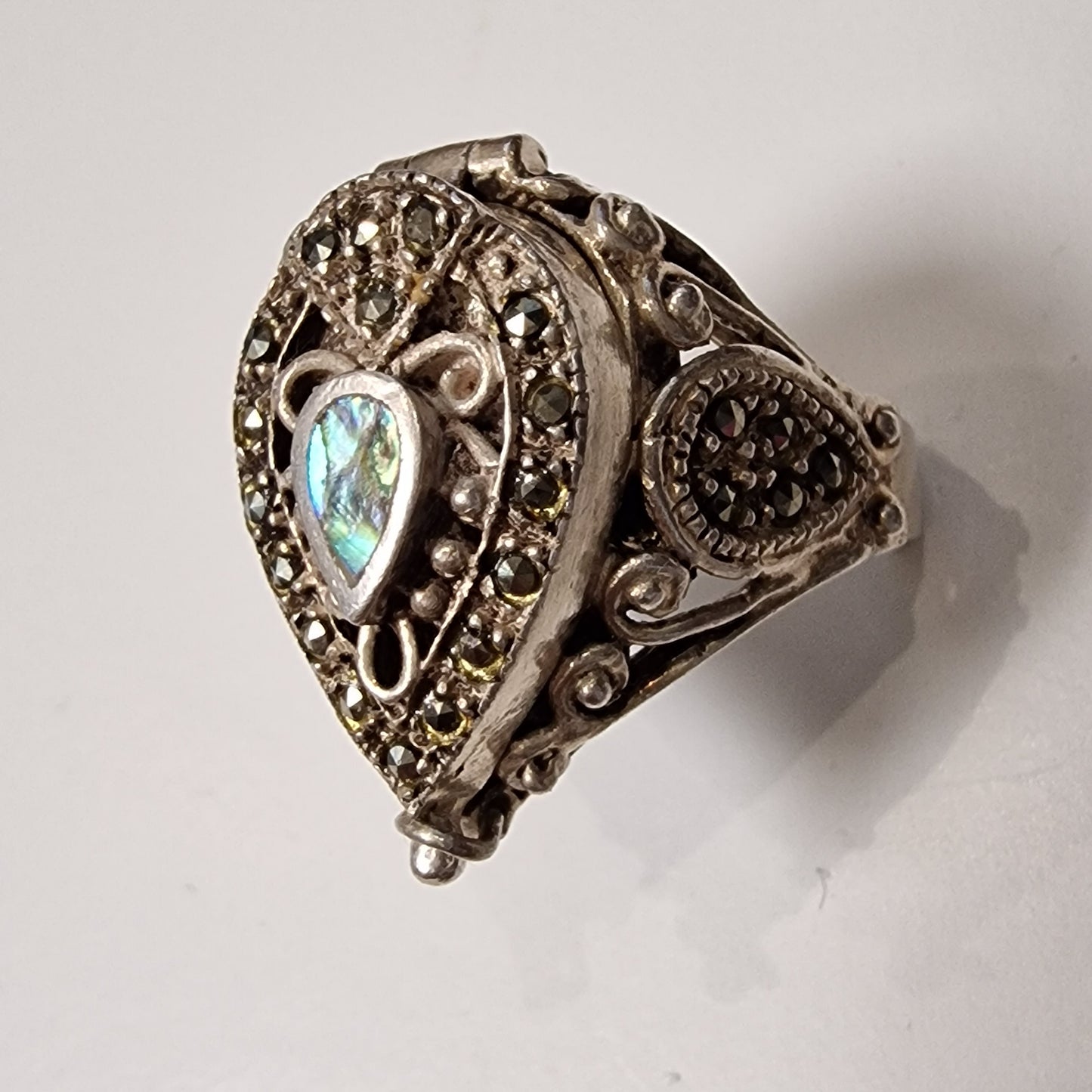 Secret Marcasite Signet Ring, Abalone, 925 Sterling Silver