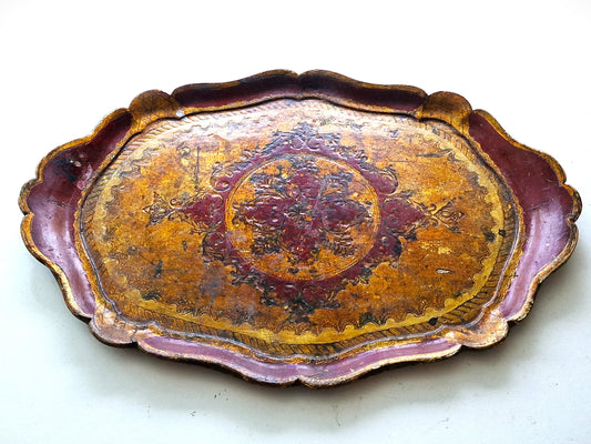 Large Vintage Italian Florentine oval Tray in Gold and red, Wood, 1960s Firenze, handmade