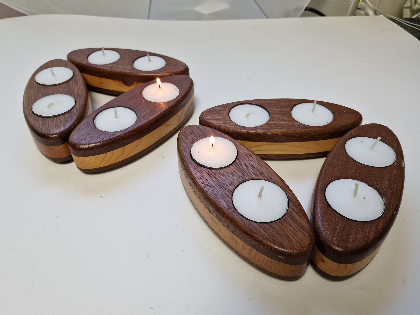 Art Deco Wood Inlay Tea Light Holders, Candlelight Keepers, Pair
