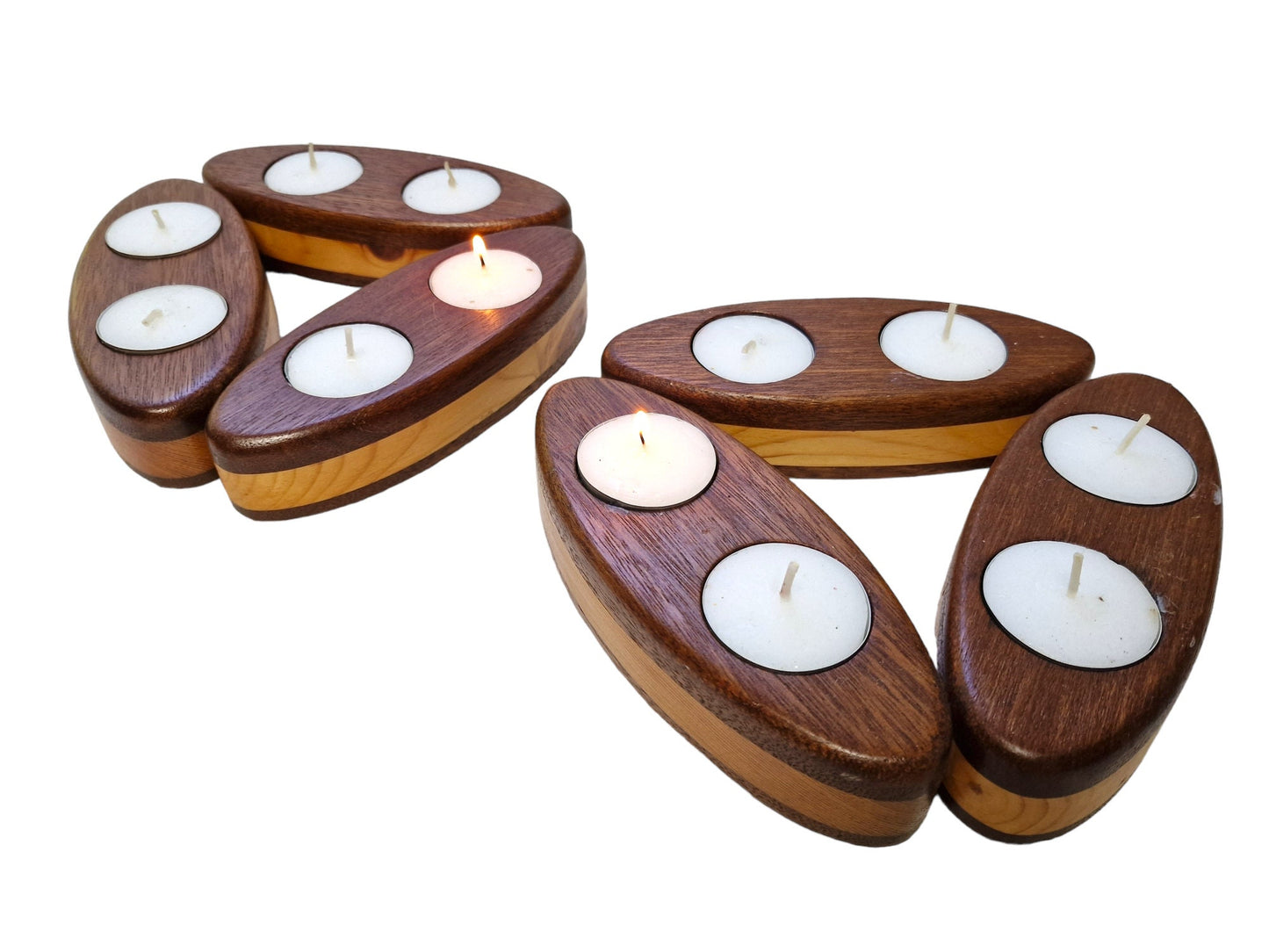 Art Deco Wood Inlay Tea Light Holders, Candlelight Keepers, Pair