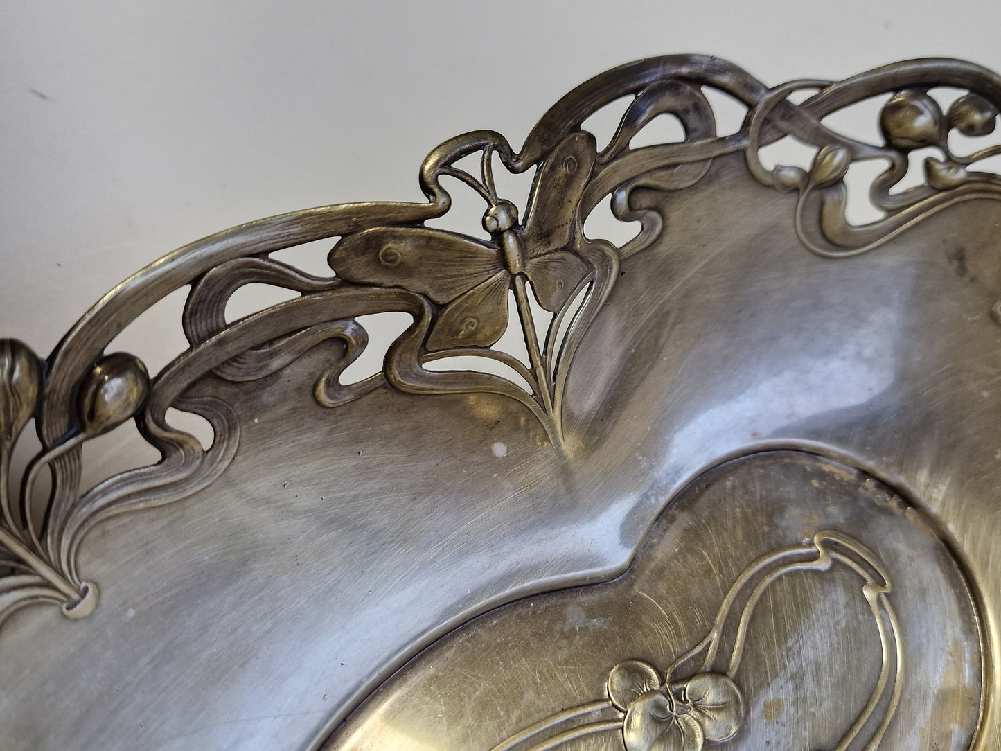 Art Nouveau Metal Tray, Dragonfly and Water Lily Platter, ca 1900-1910