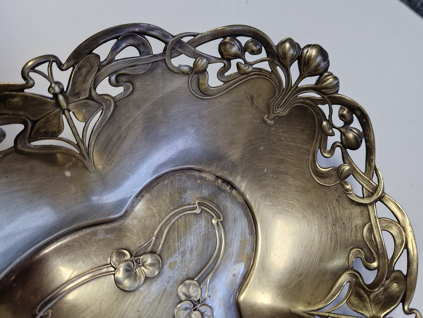 Art Nouveau Metal Tray, Dragonfly and Water Lily Platter, ca 1900-1910