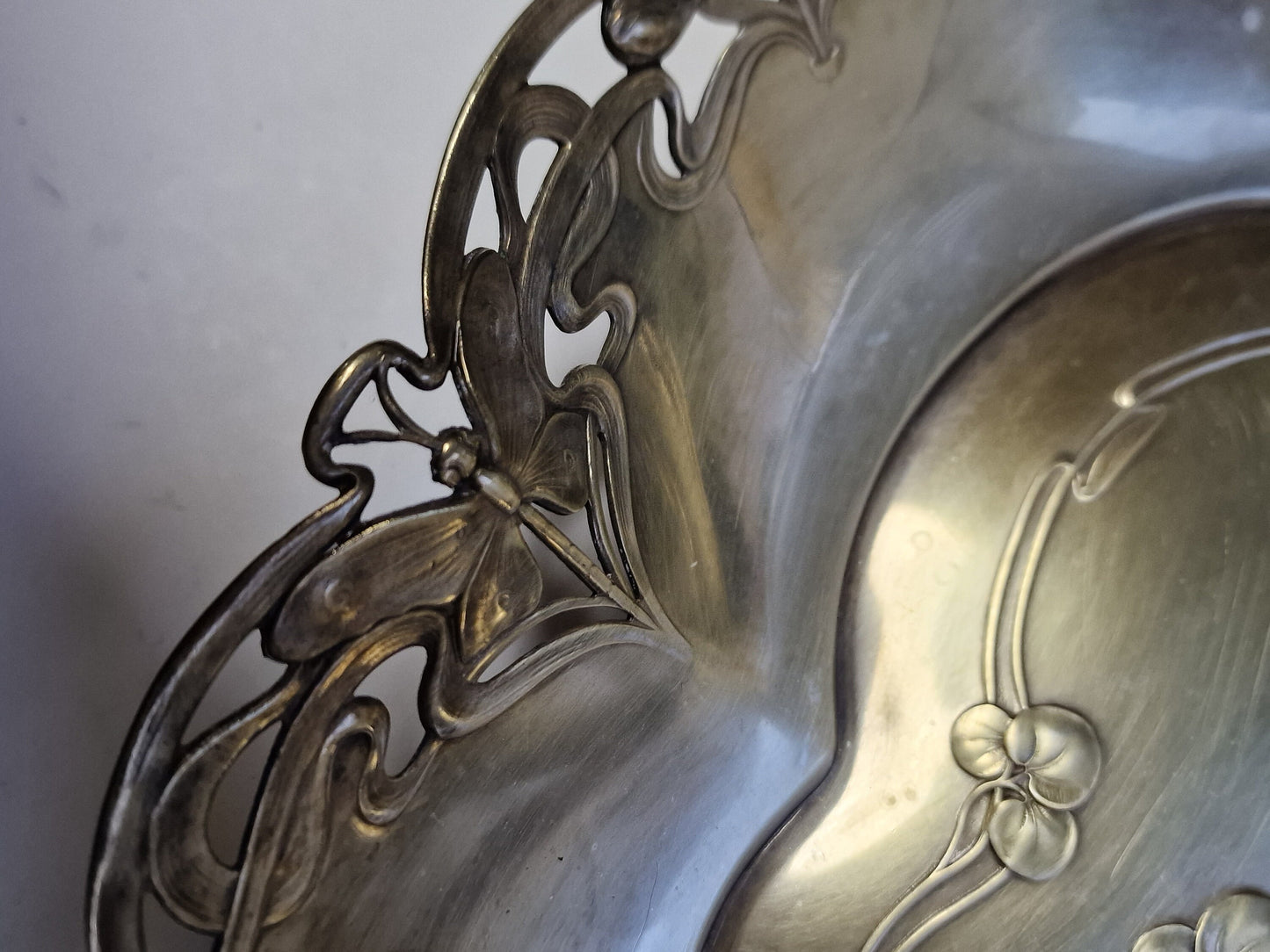 Art Nouveau Metal Tray, Dragonfly and Water Lily Platter, ca 1900-1910