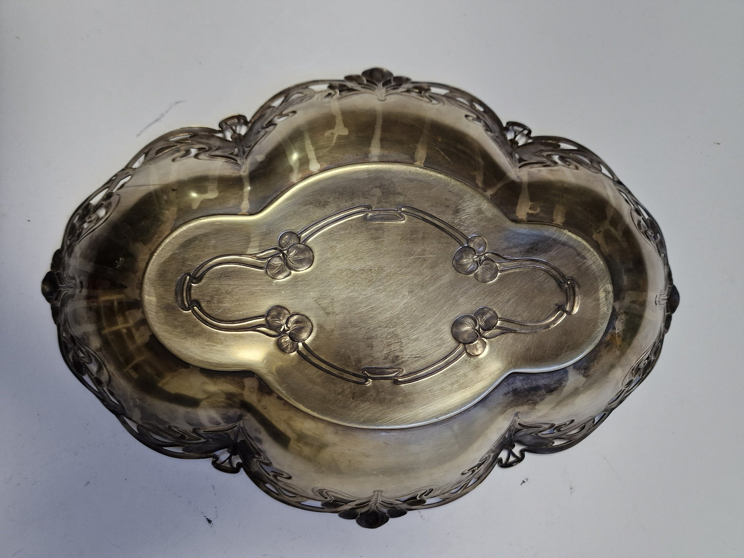 Art Nouveau Metal Tray, Dragonfly and Water Lily Platter, ca 1900-1910